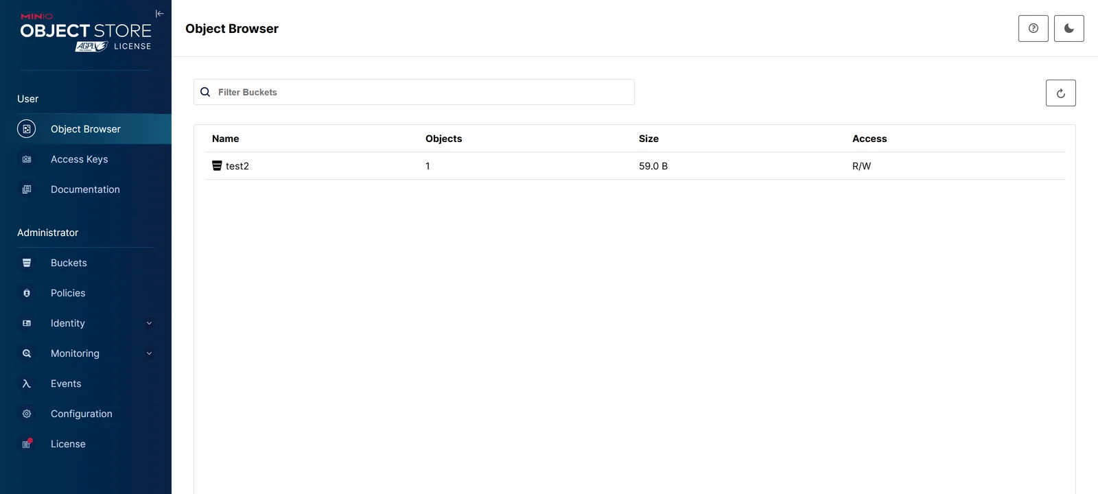 The OpenMaxIO console after login: the Object Browser with a bucket list, and the full Administrator nav (Buckets, Policies, Identity, Access Keys, Monitoring, Configuration) that the stripped community console drops.