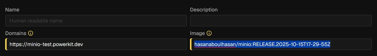A Coolify service's General settings with the Domains field set to https://minio-test.powerkit.dev, no port, next to the image field.