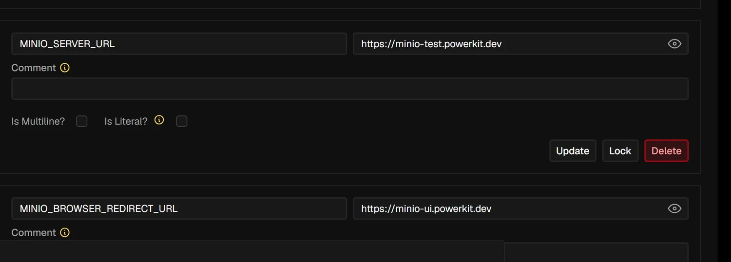 Coolify Environment Variables tab showing MINIO_SERVER_URL set to https://minio-test.powerkit.dev and MINIO_BROWSER_REDIRECT_URL set to https://minio-ui.powerkit.dev.