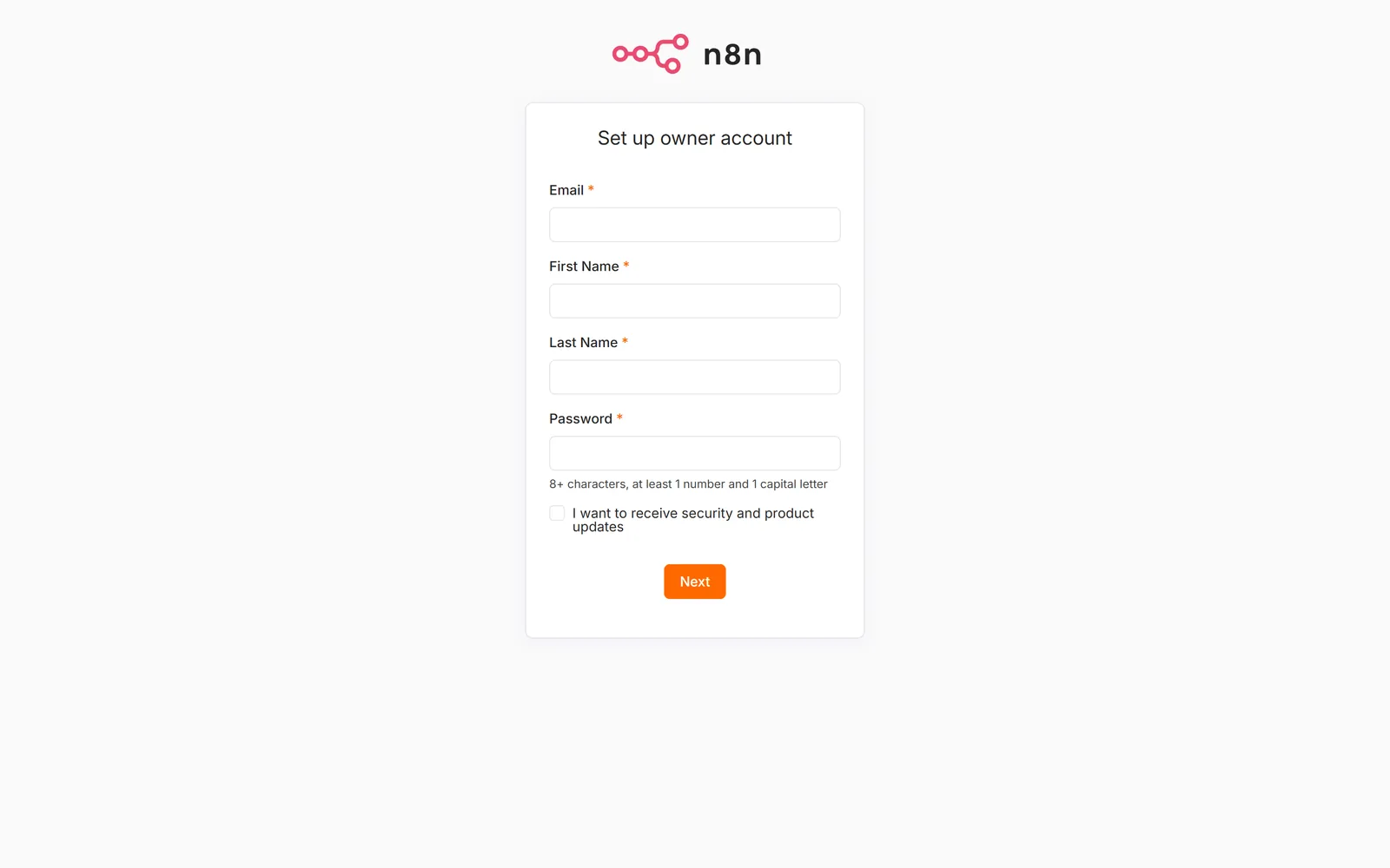 n8n's 'Set up owner account' form on a fresh self-hosted install, served over HTTPS on a custom domain, asking for email, first name, last name, and password.