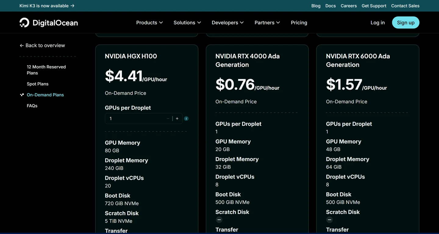 DigitalOcean's GPU droplet pricing page showing three on-demand cards: NVIDIA HGX H100 at $4.41 per GPU-hour with 80 GB GPU memory, RTX 4000 Ada at $0.76 with 20 GB, and RTX 6000 Ada at $1.57 with 48 GB