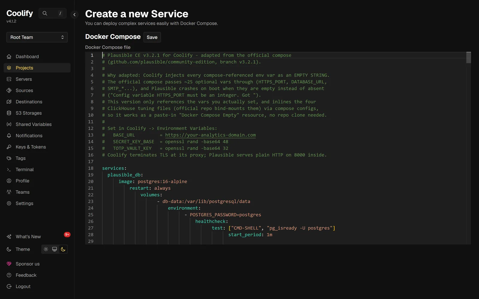 Coolify's Create a new Service page with the adapted Plausible CE compose file pasted into the Docker Compose editor, showing the header comment that explains the empty-string variable injection.