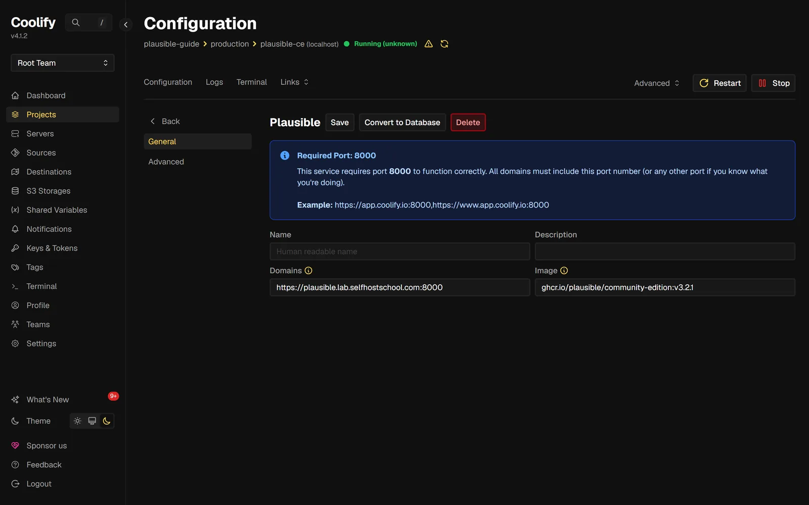 The Plausible sub-app configuration in Coolify with the Domains field set to https://plausible.lab.selfhostschool.com:8000, the Required Port 8000 info box above it, and the community-edition:v3.2.1 image field beside it.