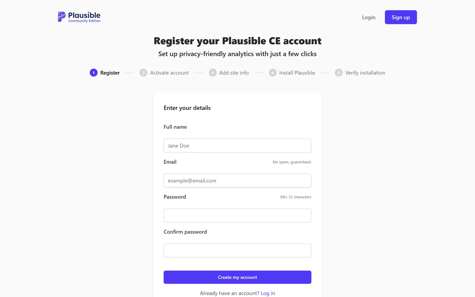 Plausible CE first-run screen titled Register your Plausible CE account, showing the five wizard steps Register, Activate account, Add site info, Install Plausible, and Verify installation, with the account details form.