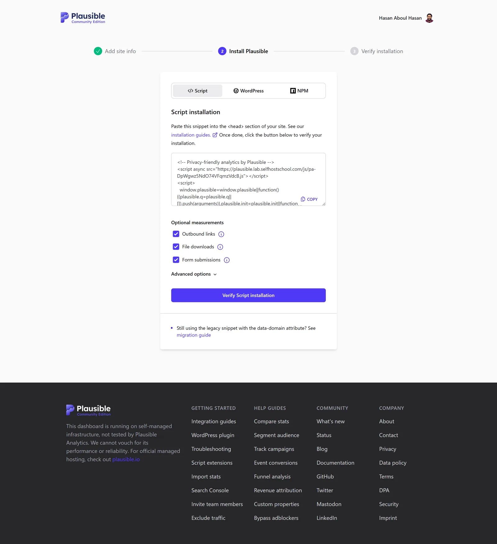 Plausible CE Install Plausible wizard step showing the generated script snippet served from the self-hosted domain, with Outbound links, File downloads, and Form submissions toggles all enabled, and a Verify Script installation button.