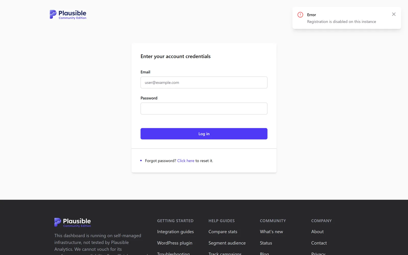 Plausible CE login page with a red error toast reading Registration is disabled on this instance, confirming DISABLE_REGISTRATION took effect.