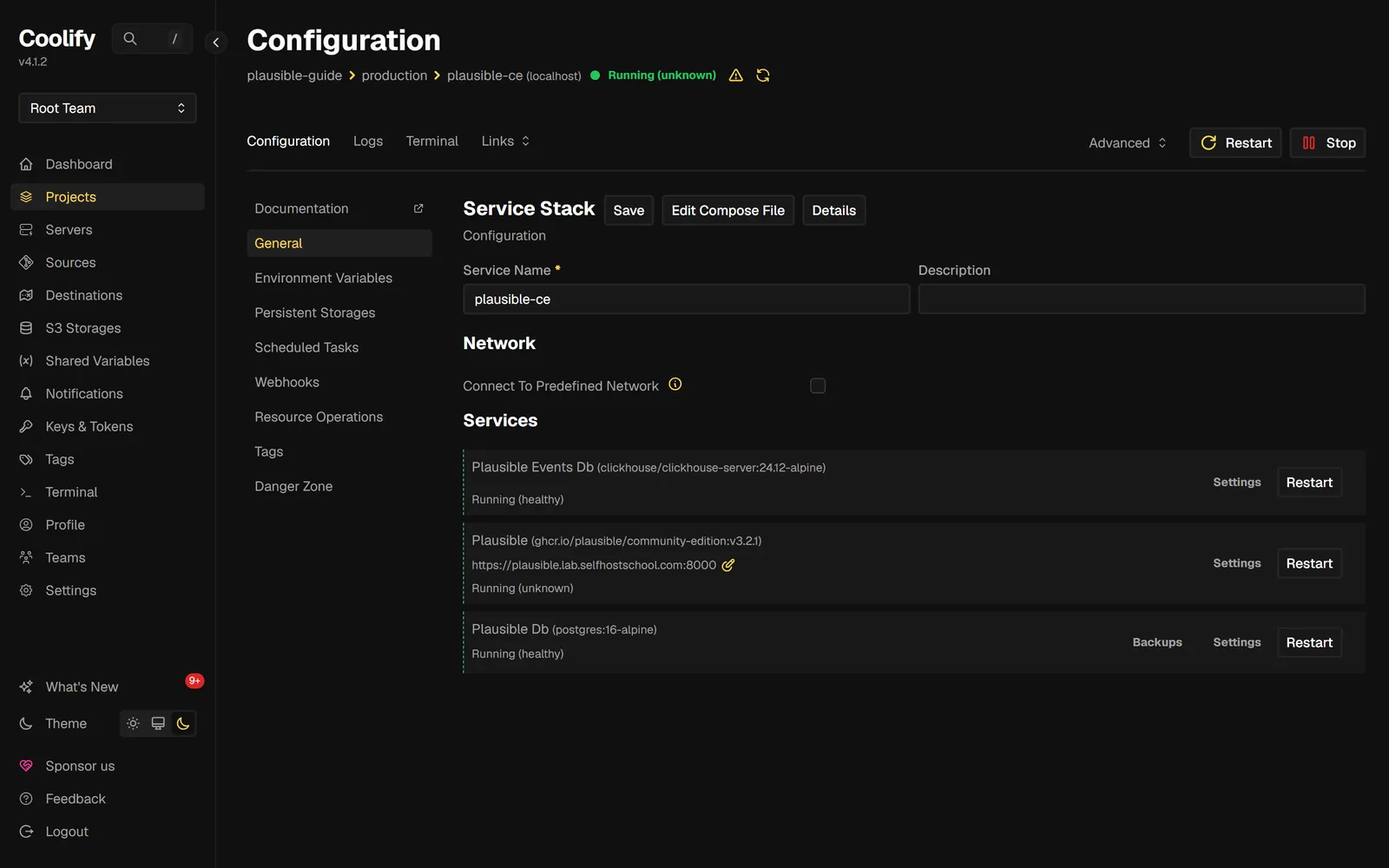 Coolify service page for plausible-ce showing three services running: Plausible Events Db (ClickHouse, healthy), Plausible with the domain plausible.lab.selfhostschool.com attached, and Plausible Db (Postgres, healthy).
