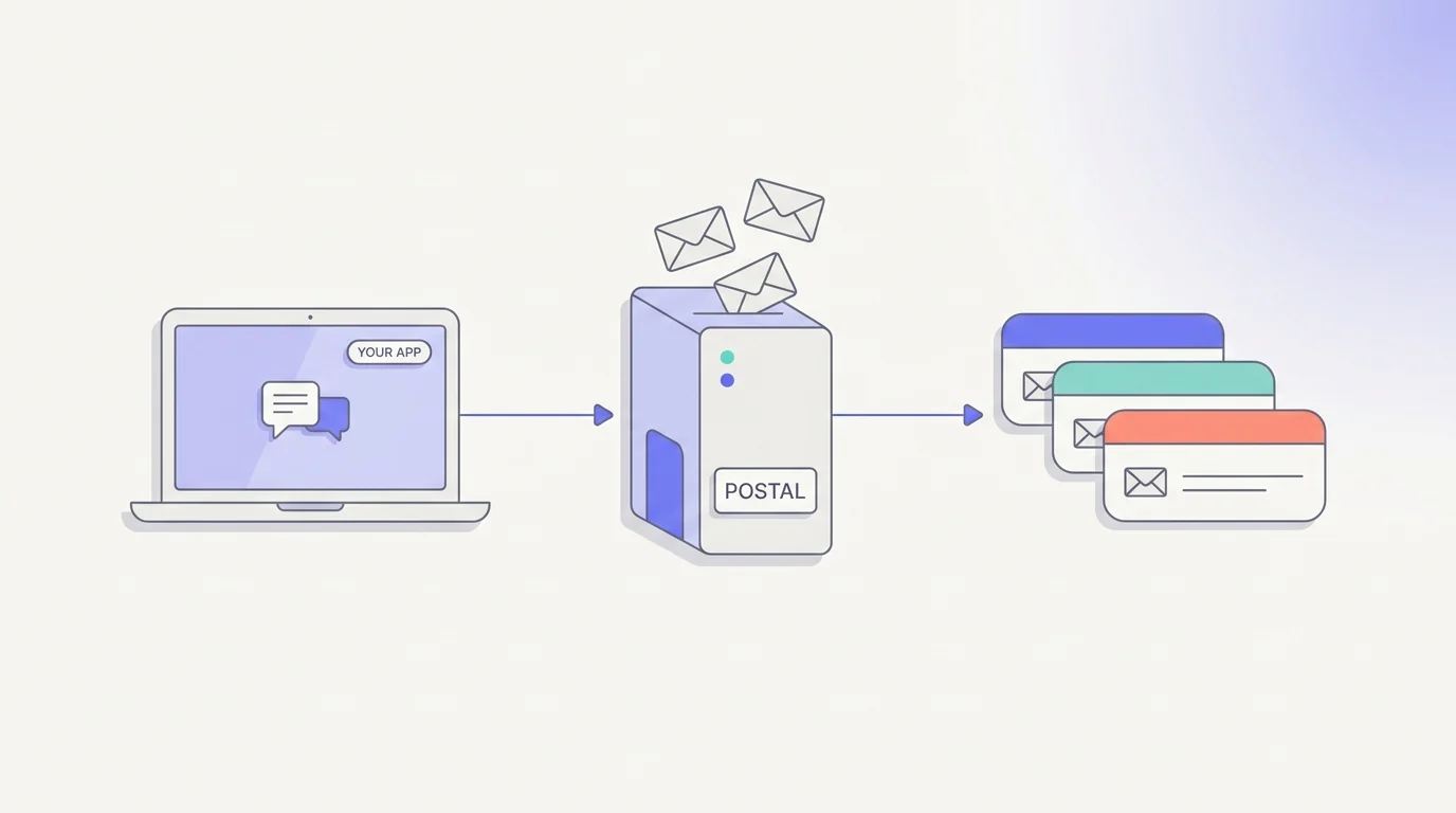 Postal SMTP architecture overview: a clean flat illustration of a laptop labeled YOUR APP on the left, a mail server labeled POSTAL in the center with envelopes lifting off the top, and three stacked email inbox cards on the right, connected left to right by arrows showing email flowing from your app through Postal to recipient inboxes.