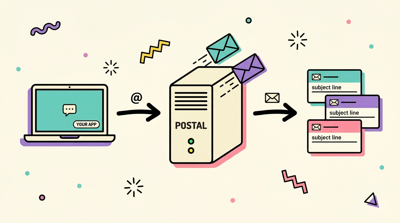 Postal SMTP architecture overview — Memphis-style flat illustration: a laptop labeled YOUR APP on the left, a server labeled POSTAL in the center with envelopes flying out, and three stacked email inbox cards on the right. Bold arrows show the flow of email from your app, through Postal, to recipient inboxes.
