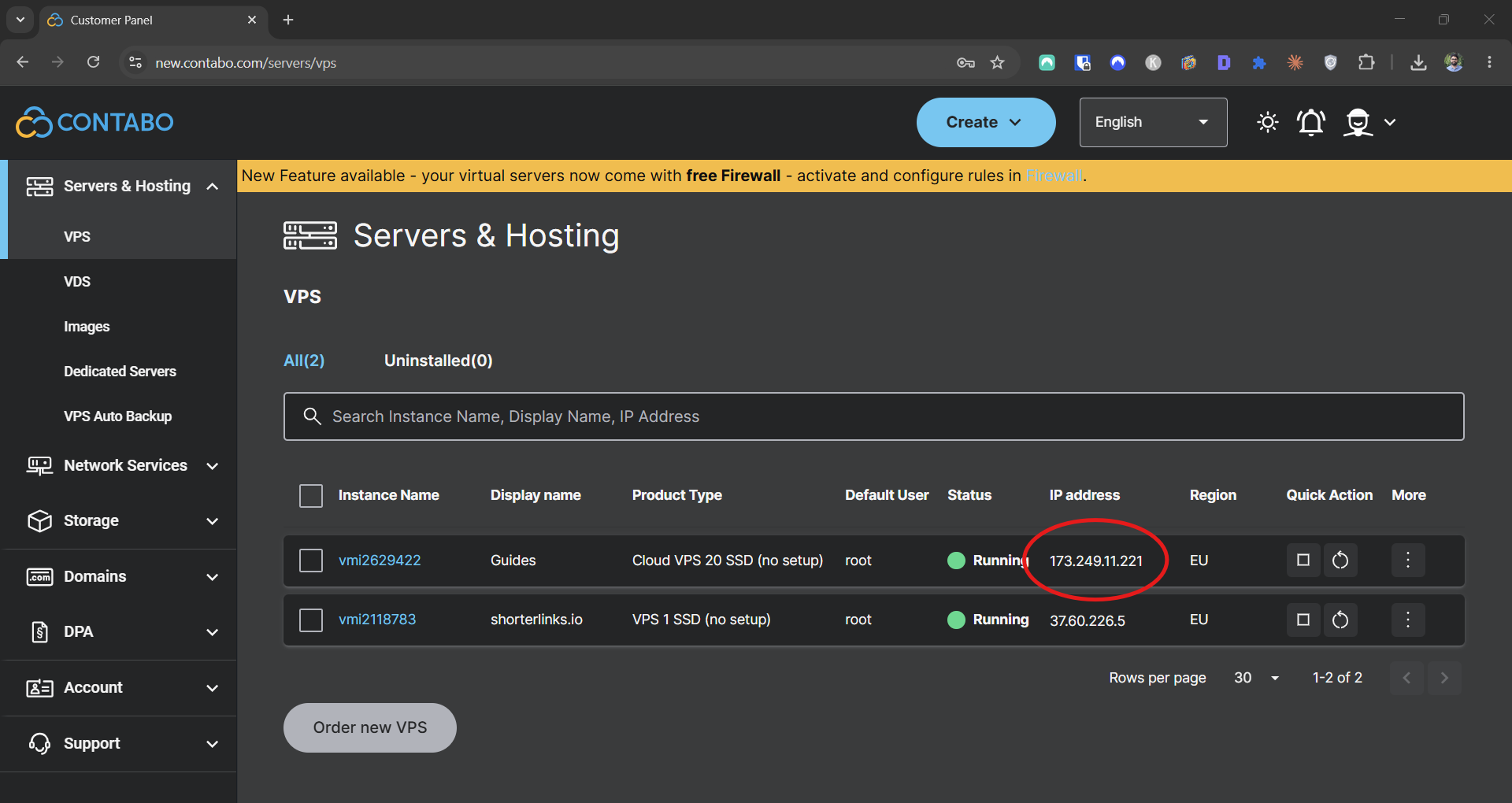 Contabo Customer Control Panel listing the provisioned VPS with the public IPv4 address circled in red.