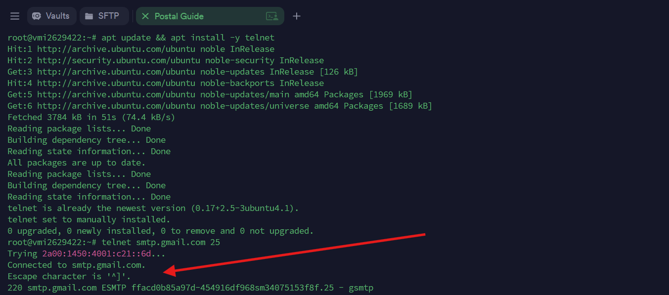 Terminal showing apt install telnet succeed, then telnet smtp.gmail.com 25 connecting and Gmail's SMTP server replying with the 220 banner.