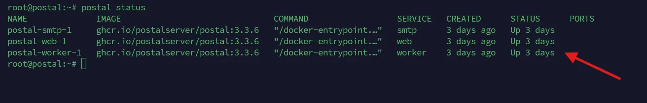 Terminal output of postal status showing three containers (postal-smtp-1, postal-web-1, postal-worker-1) all running ghcr.io/postalserver/postal:3.3.6 with status 'Up 3 days'.