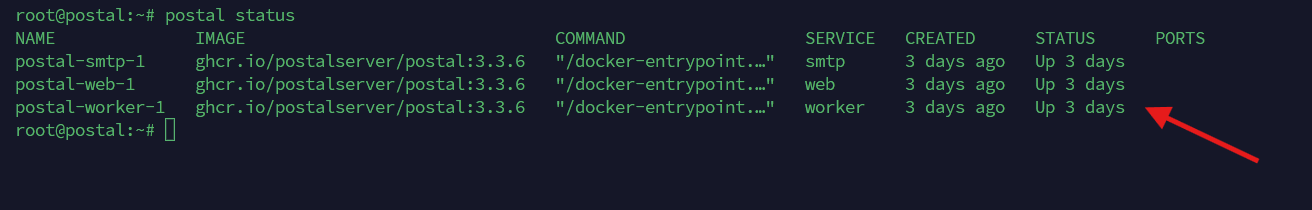 Terminal output of postal status showing three containers (postal-smtp-1, postal-web-1, postal-worker-1) all running ghcr.io/postalserver/postal:3.3.6 with status 'Up 3 days'.