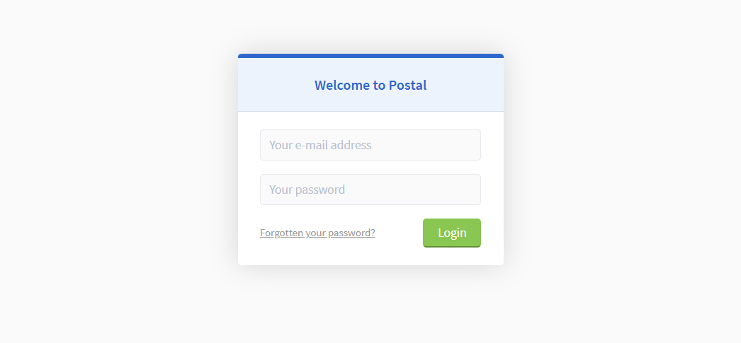 The Postal web UI 'Welcome to Postal' login form rendered in a browser, with email and password fields and a green Login button.