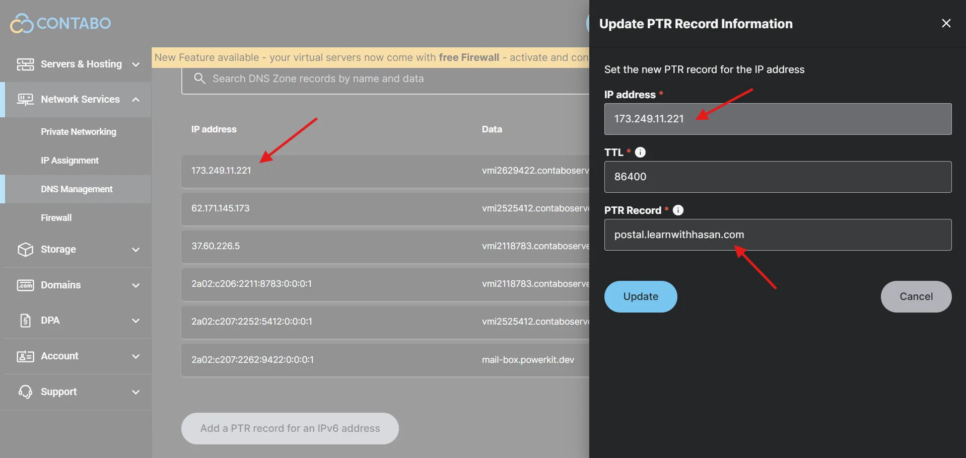 Contabo DNS Management showing the Update PTR Record Information modal, with IP address 173.249.11.221 and PTR Record postal.learnwithhasan.com filled in.