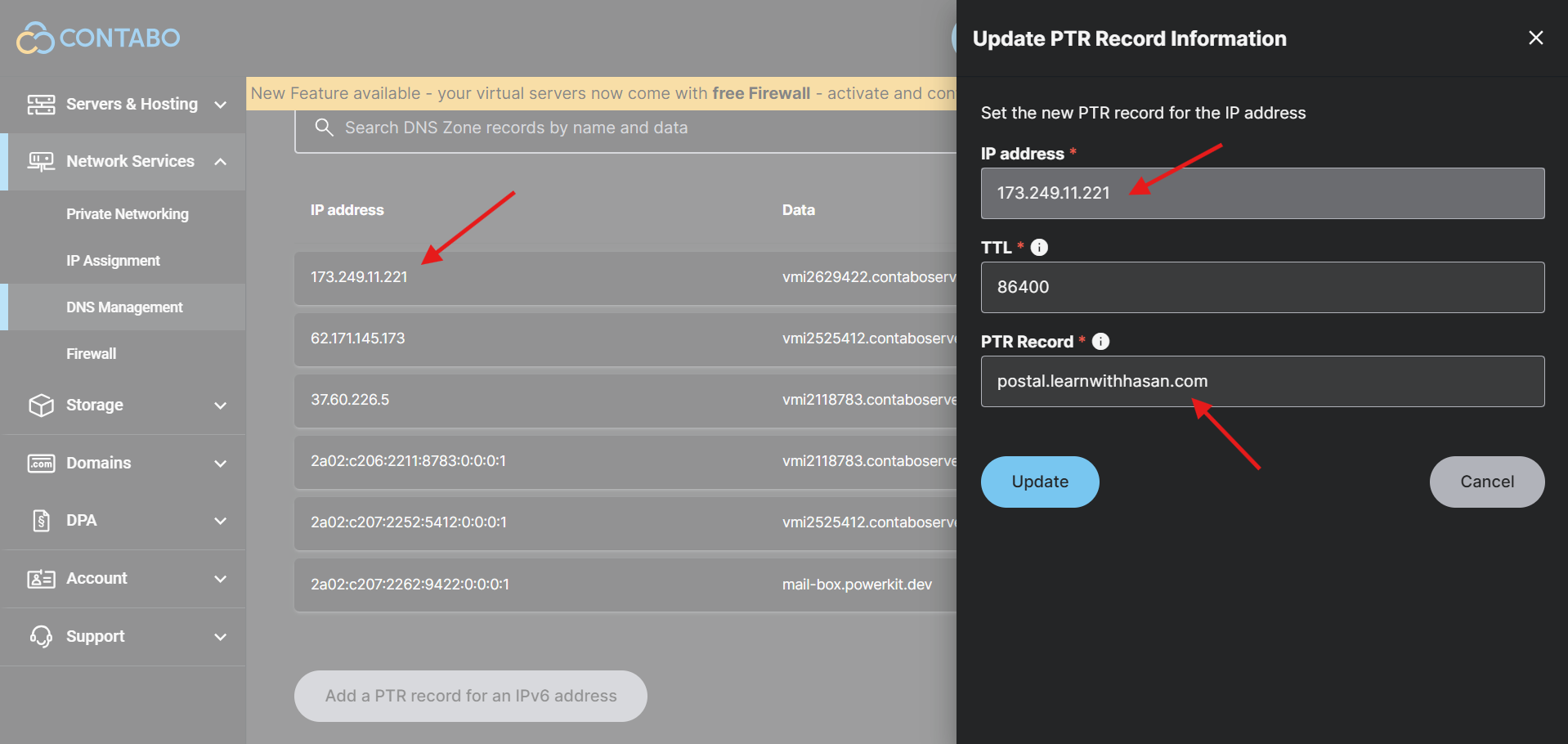 Contabo DNS Management showing the Update PTR Record Information modal — IP address 173.249.11.221 and PTR Record postal.learnwithhasan.com filled in.