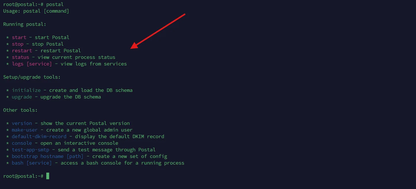 Terminal showing the postal CLI help output: subcommands start, stop, restart, status, logs, initialize, upgrade, make-user, bootstrap, and more.