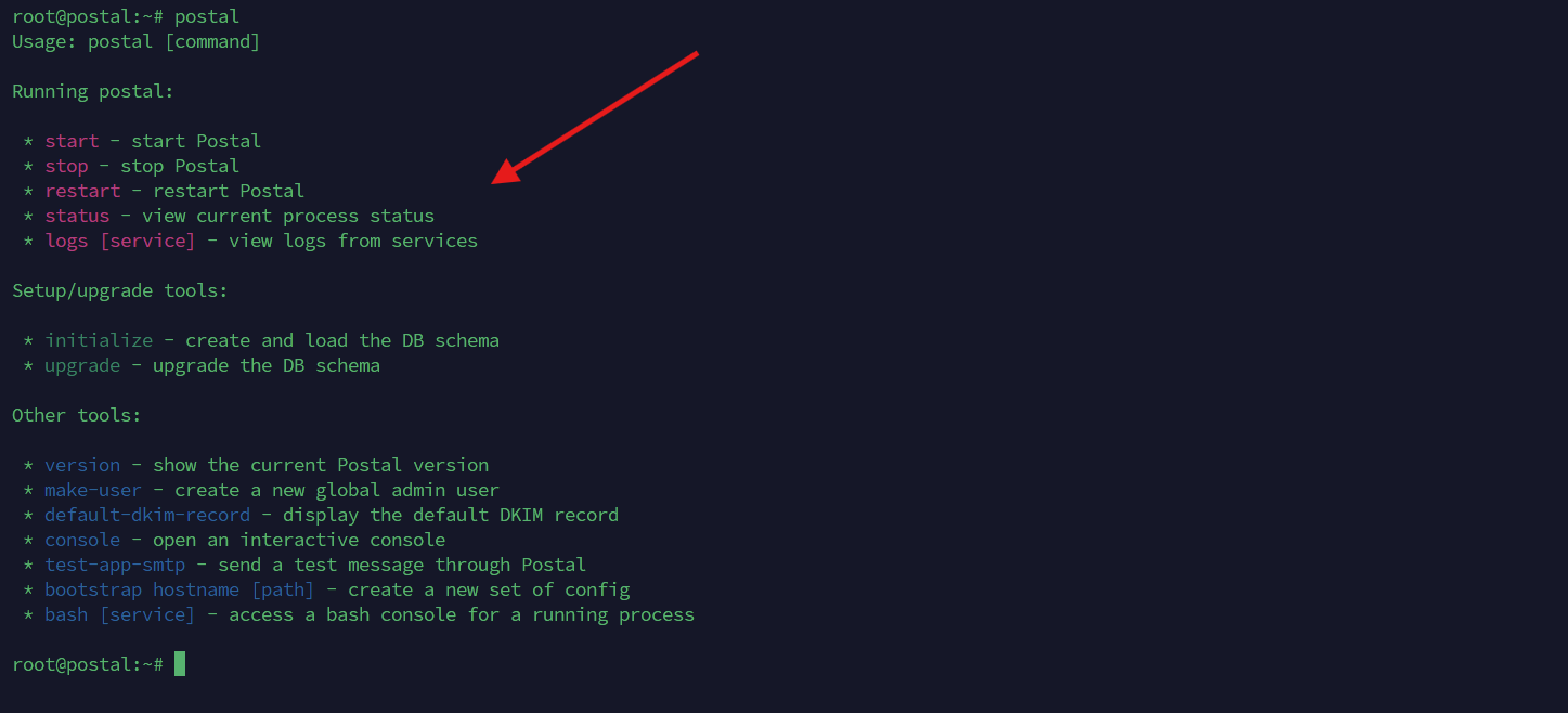 Terminal showing the postal CLI help output: subcommands start, stop, restart, status, logs, initialize, upgrade, make-user, bootstrap, and more.