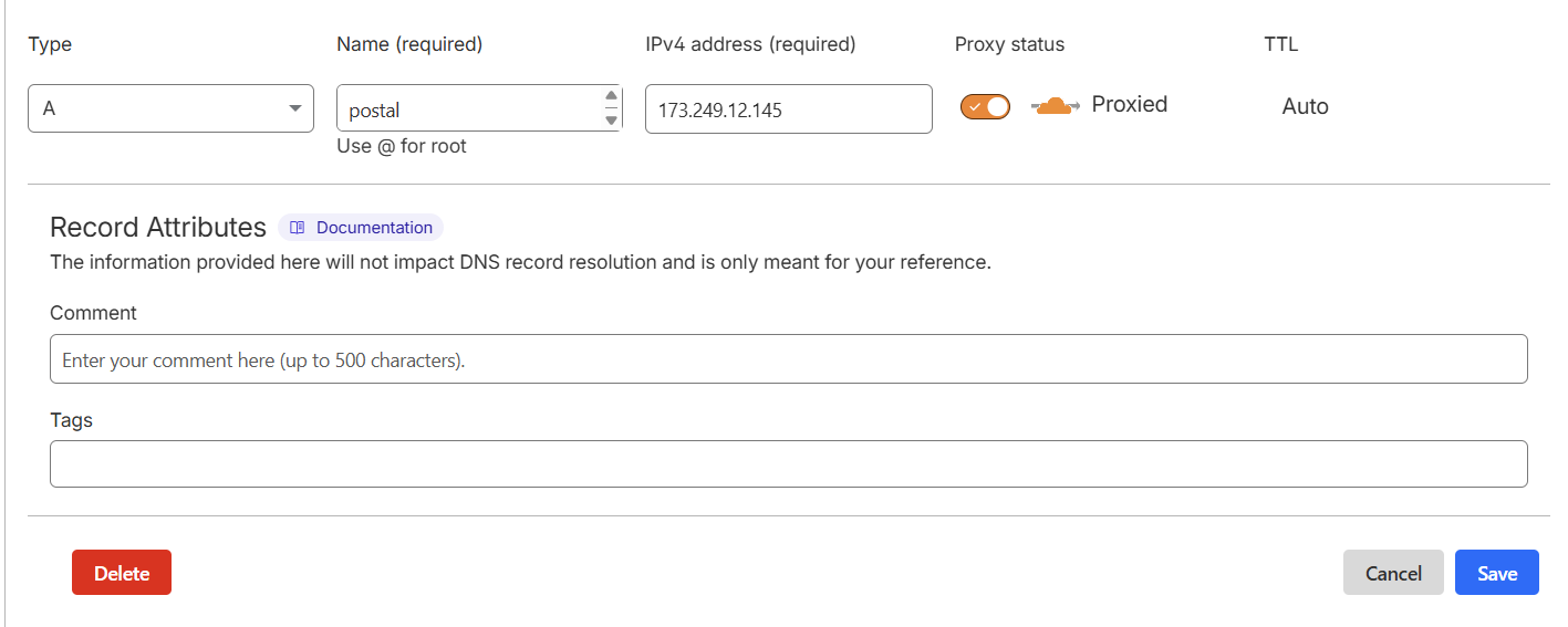 Cloudflare DNS edit form: A record, name 'postal', IPv4 173.249.12.145, Proxy status toggle (turn this OFF for Postal so the SSL handshake works).