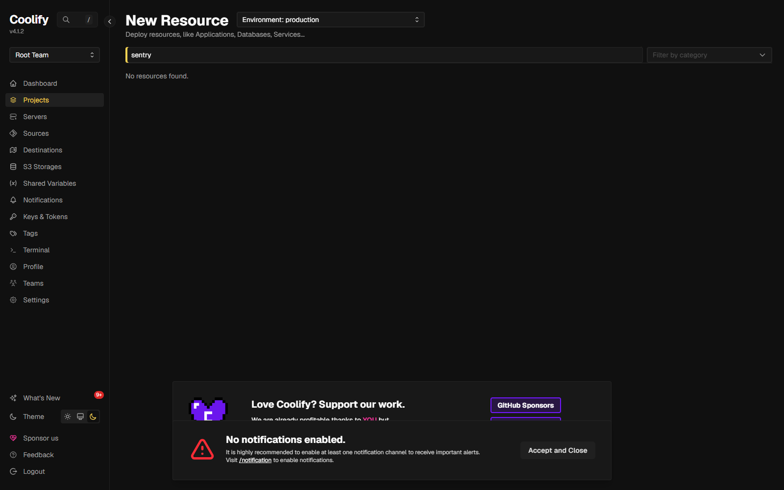 Coolify's New Resource picker with 'sentry' typed in the search box and zero service results below it