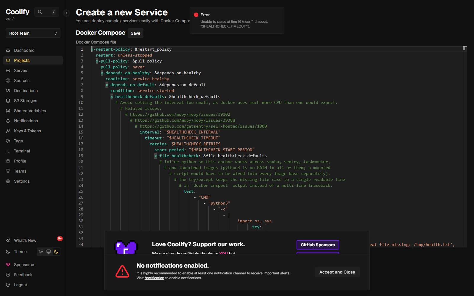 Coolify's Docker Compose editor with Sentry's compose file pasted and a red Error toast reading 'Unable to parse at line 16'