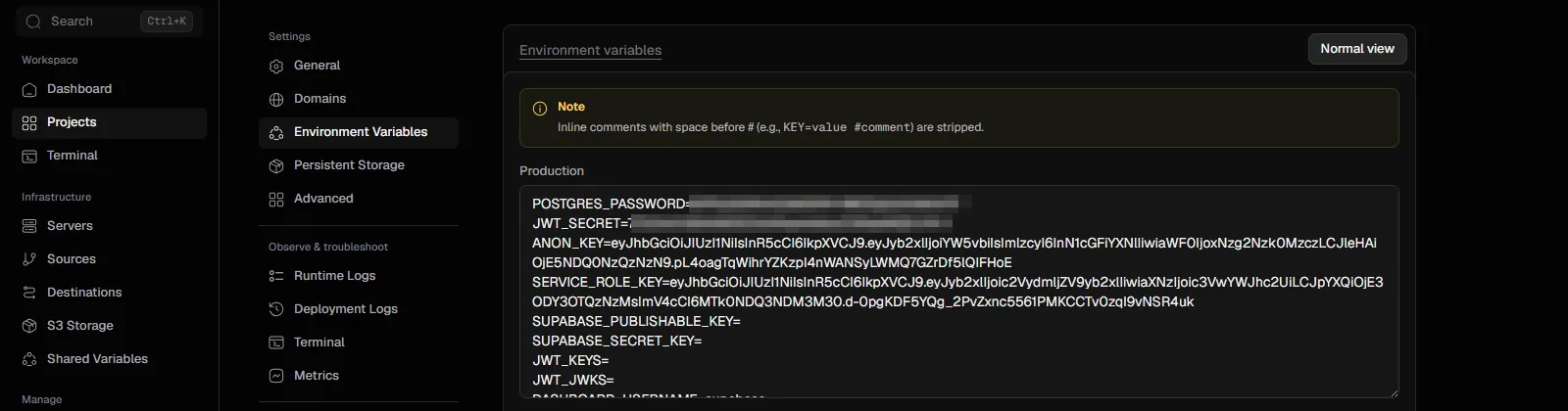 Coolify's Environment Variables page in Developer view: the whole Supabase .env pasted as KEY=VALUE lines, POSTGRES_PASSWORD and JWT_SECRET filled in, the new asymmetric-key variables left empty.