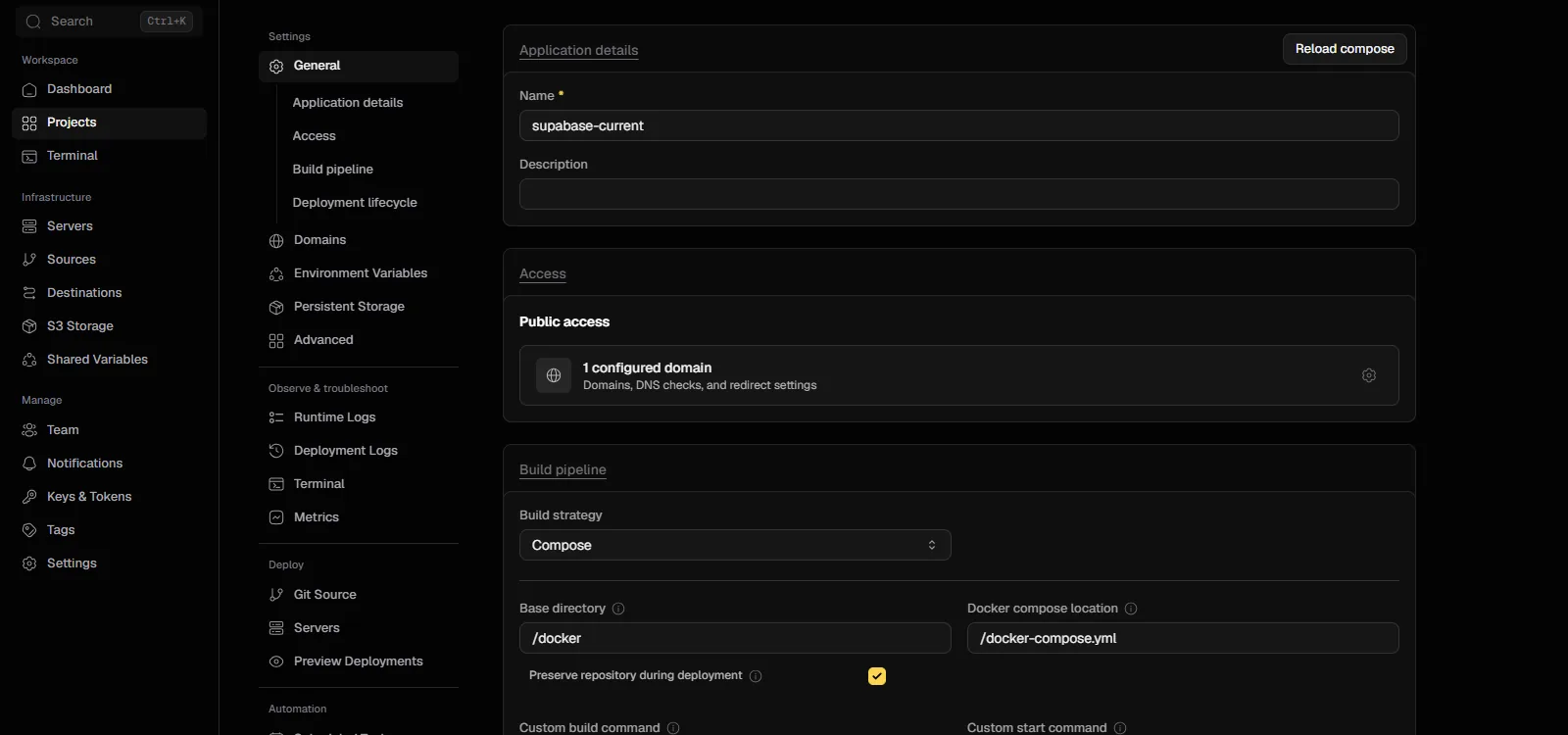 Coolify's application settings for the current Supabase compose: build strategy Compose, base directory /docker, compose location /docker-compose.yml, and the 'Preserve repository during deployment' box ticked, with the app showing Running.
