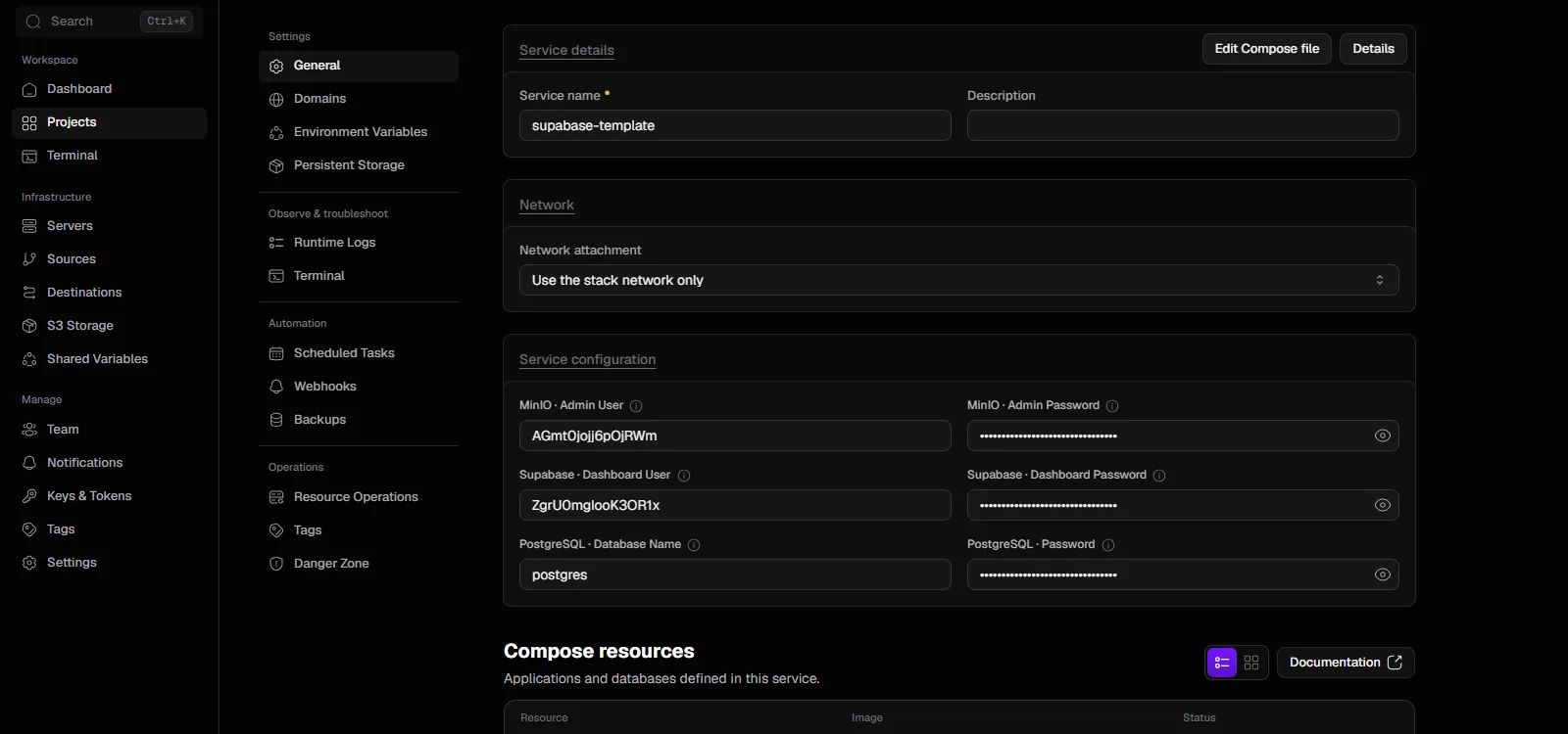 Coolify's Supabase service page, showing the auto-generated MinIO, dashboard, and Postgres passwords Coolify fills in for the one-click template.