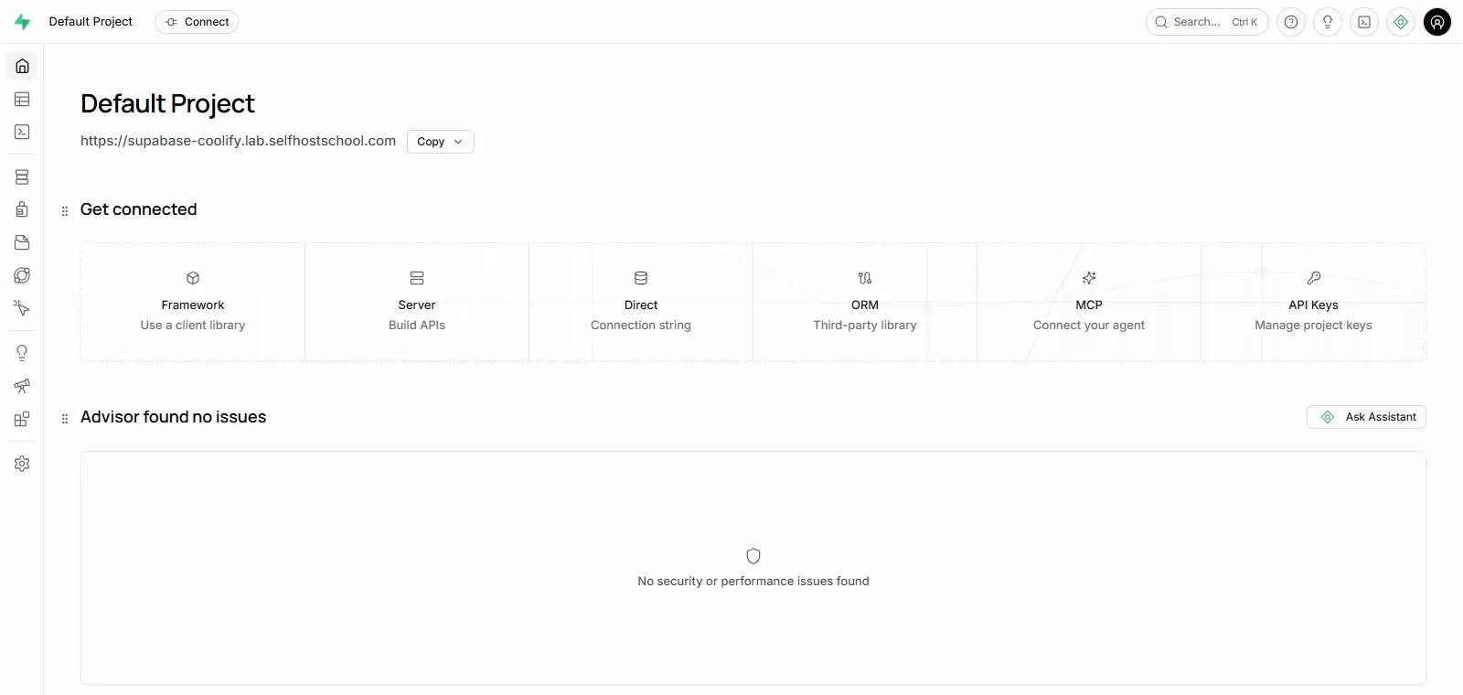 Supabase Studio's project overview served at https://supabase-coolify.lab.selfhostschool.com through Coolify's proxy, showing the Default Project, the project URL, the Get connected cards and 'Advisor found no issues'.