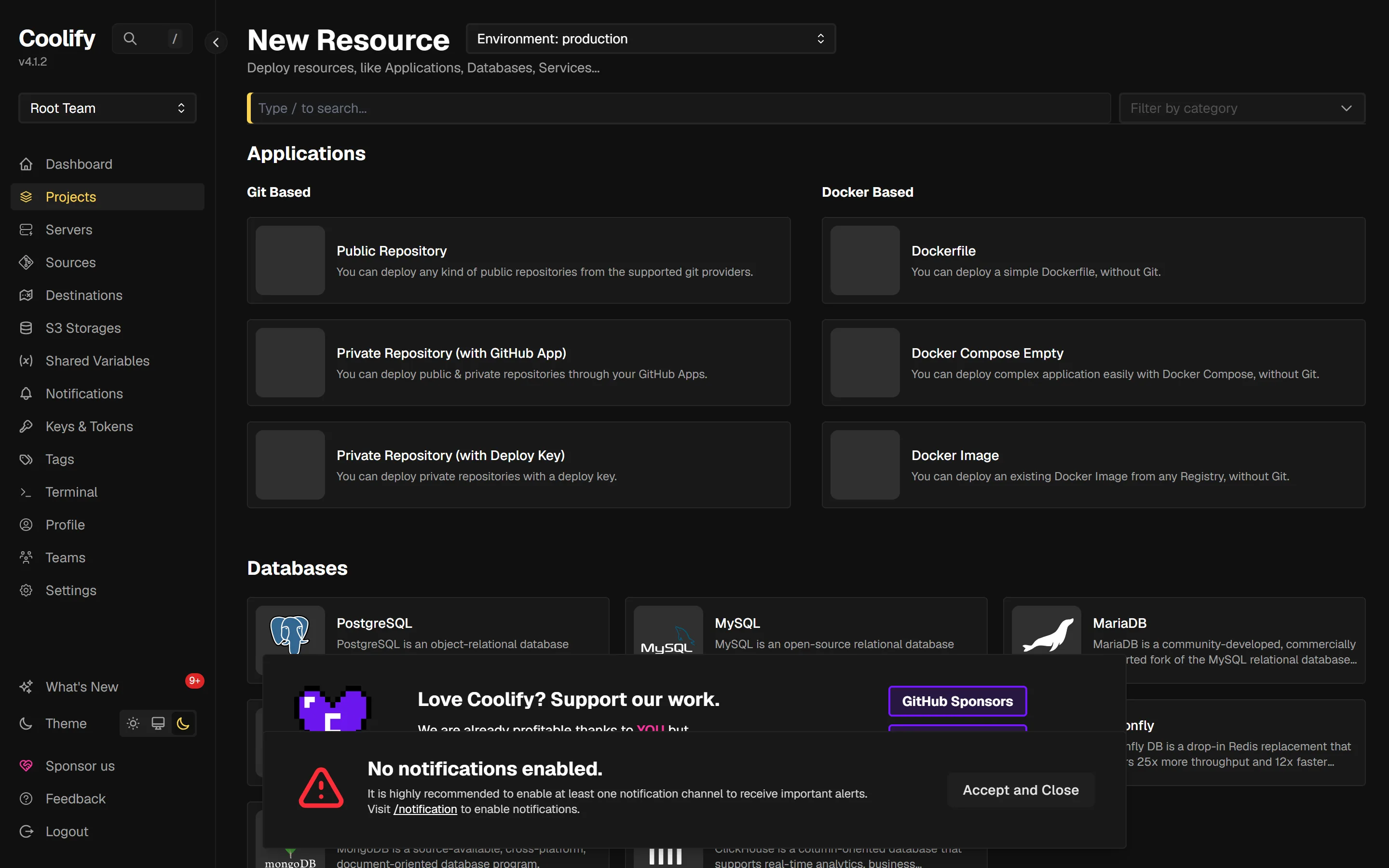 Coolify's New Resource screen with 'wordpress' typed in the search box, showing Wordpress With Mariadb, Wordpress With Mysql and Wordpress Without Database service templates