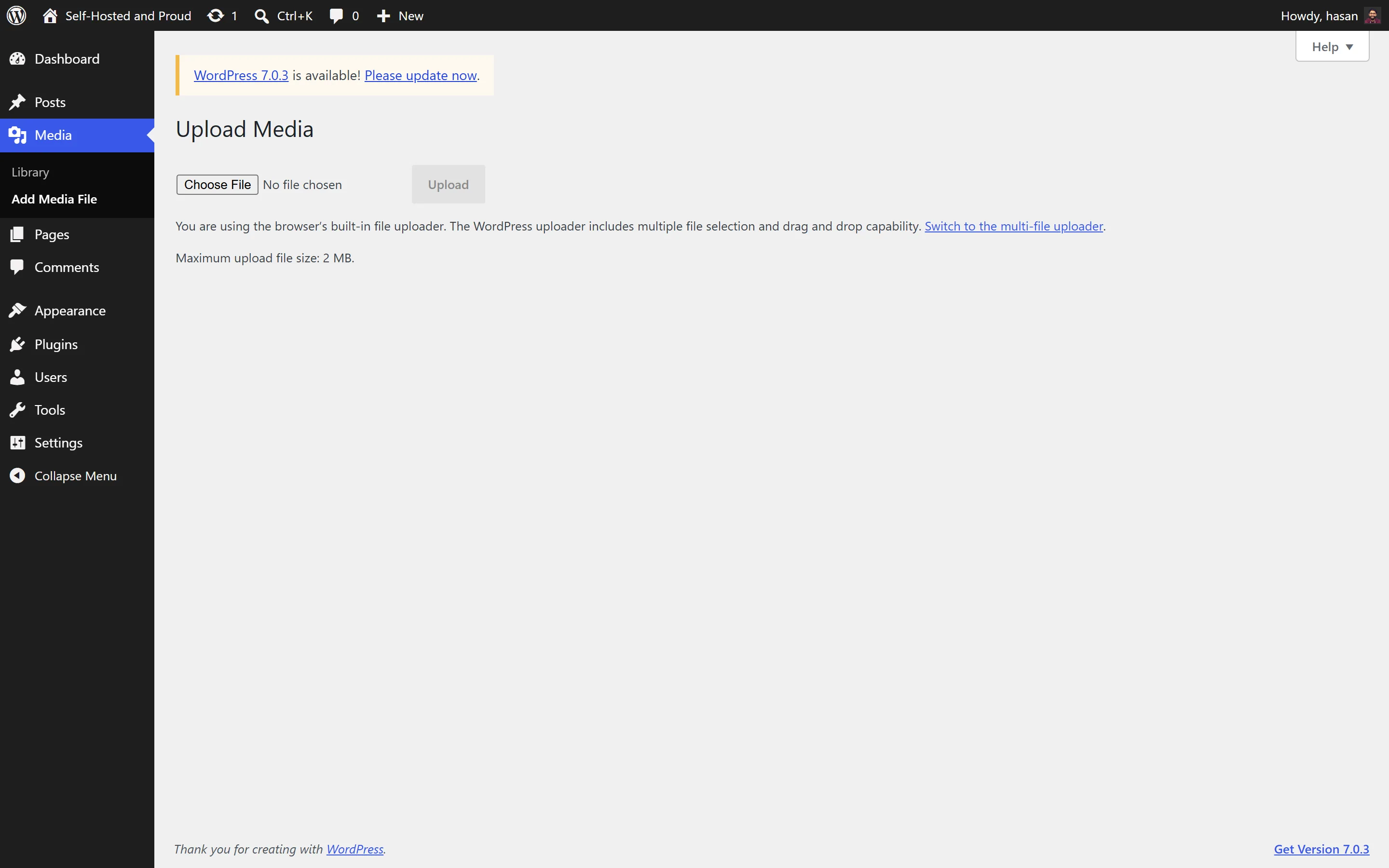 WordPress media upload page on the stock tier showing the text: Maximum upload file size: 2 MB