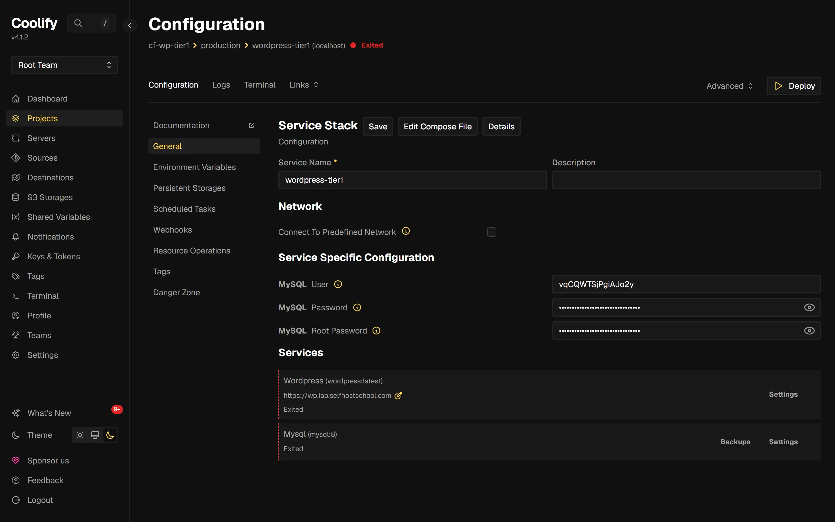 Coolify service configuration page for the WordPress template service, showing the generated MySQL user and password fields and the wordpress application settings