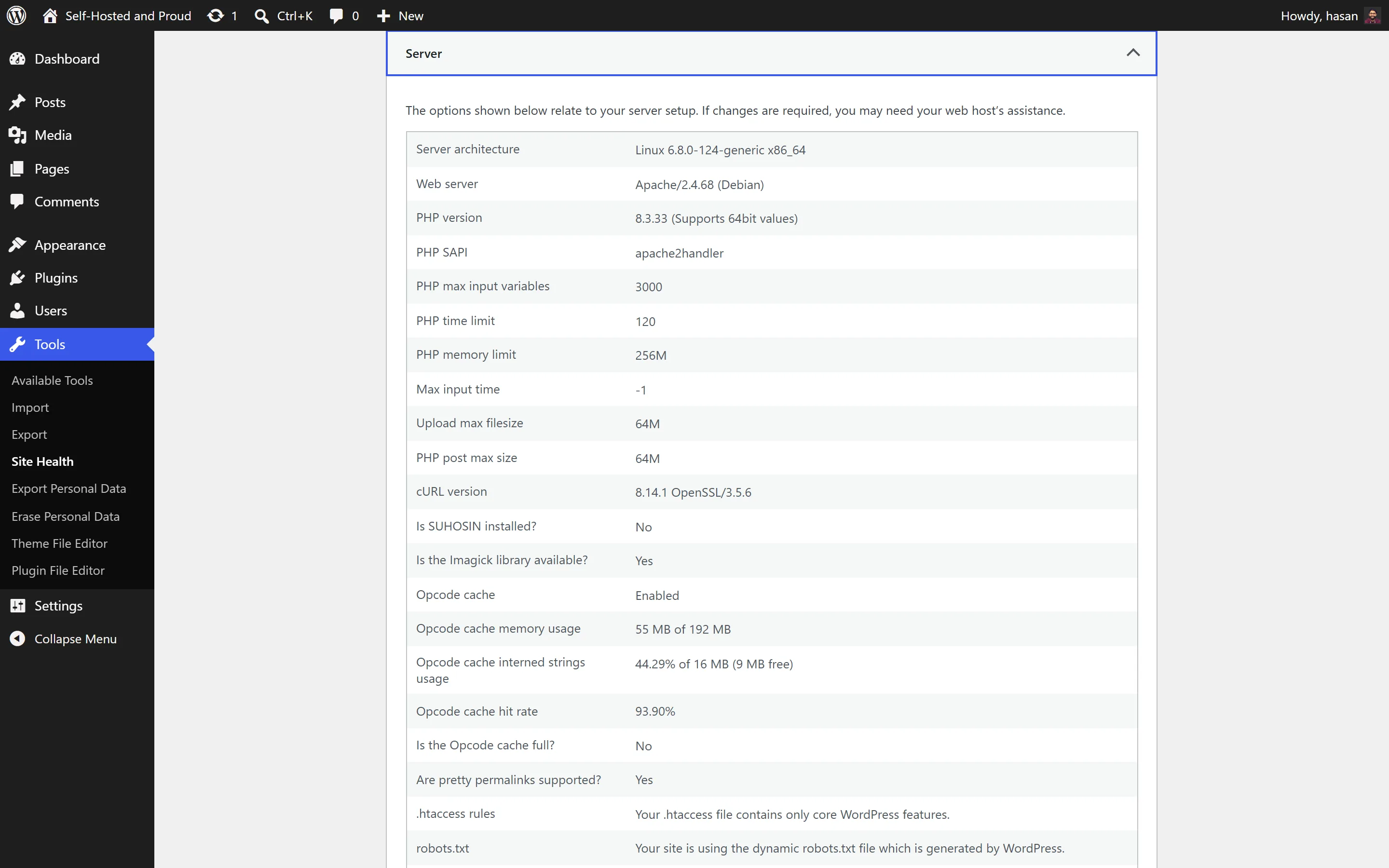 WordPress Site Health server info on tier 2 showing PHP memory limit 256M, upload max filesize 64M, post max size 64M, PHP time limit 120 and opcode cache enabled with 192 MB