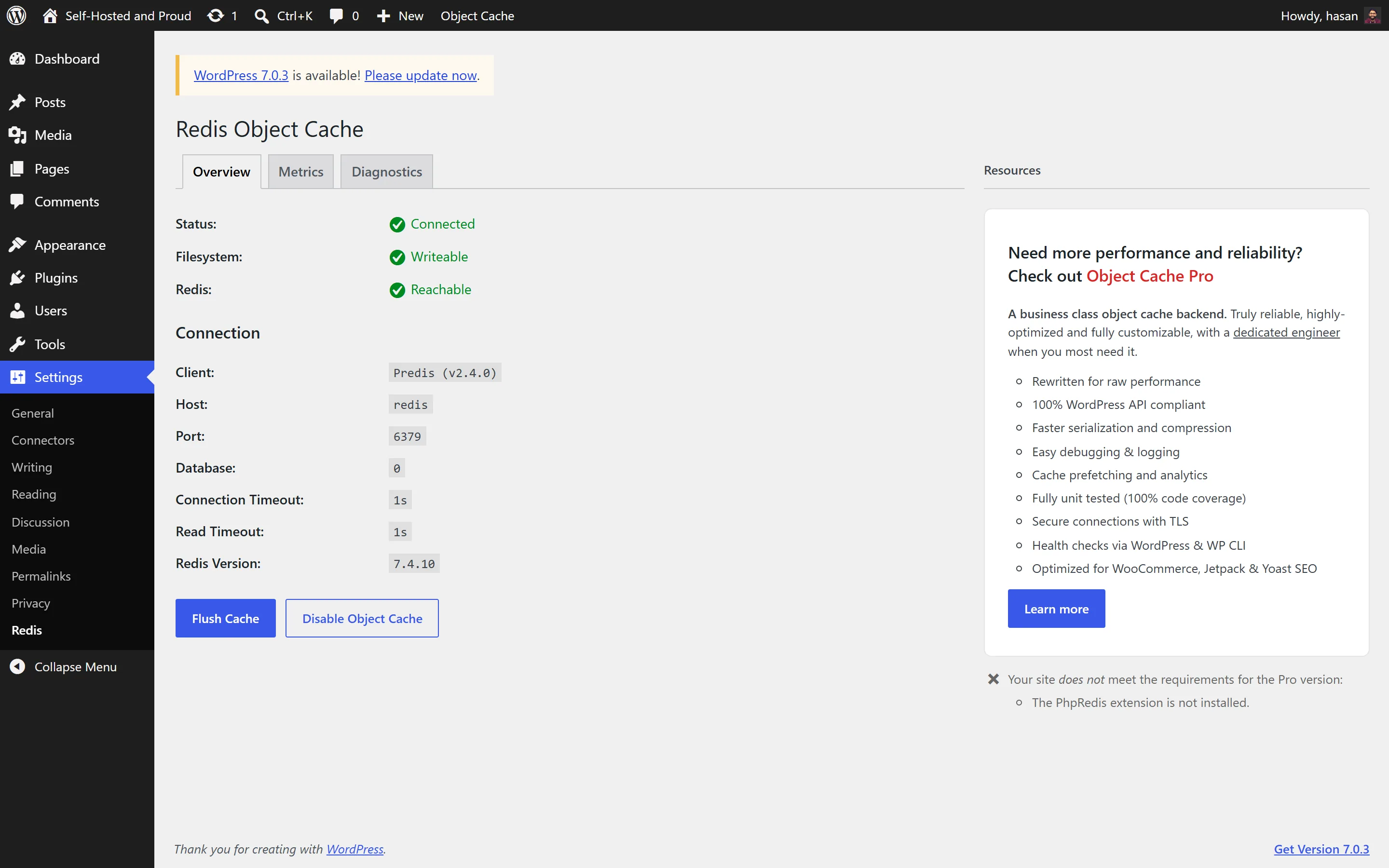 Redis Object Cache settings page in wp-admin showing Status Connected, client Predis and a valid drop-in