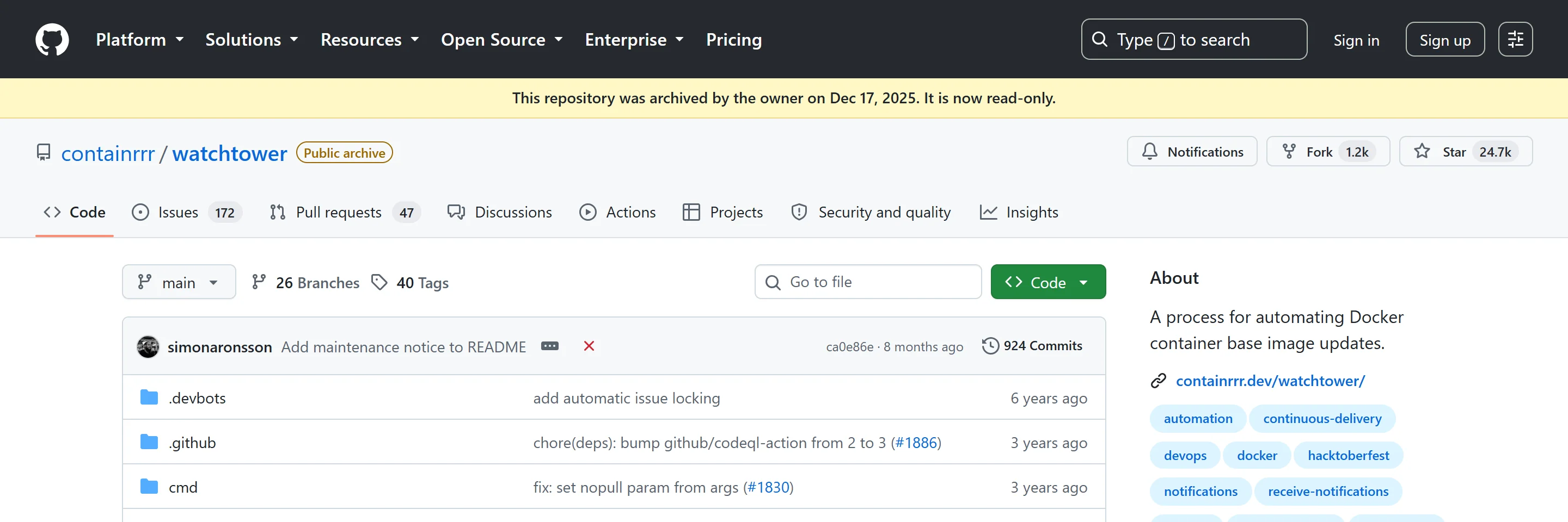 The containrrr/watchtower GitHub repository showing the yellow banner 'This repository was archived by the owner on Dec 17, 2025. It is now read-only' with the Public archive badge and 24.7k stars
