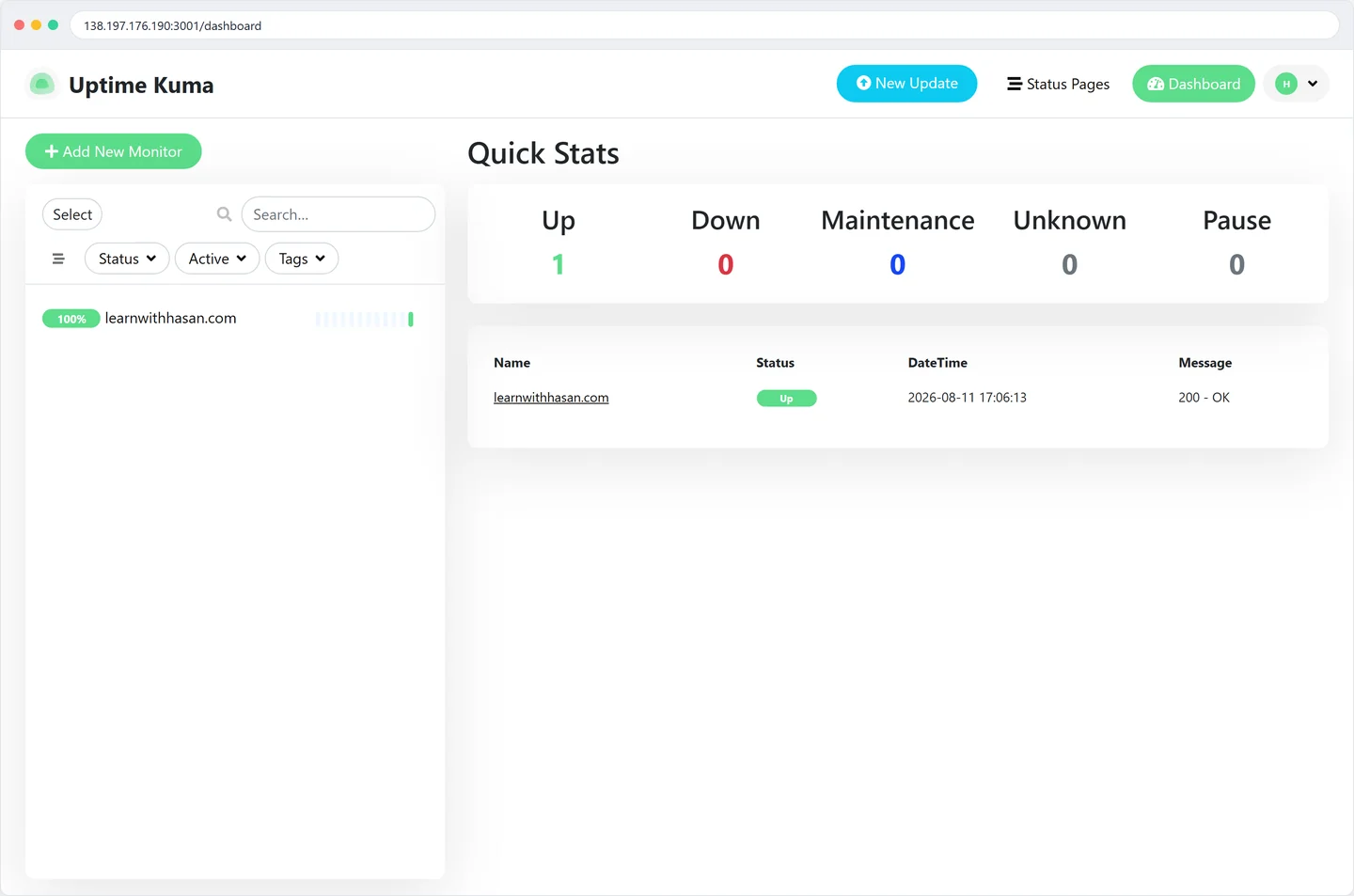 Uptime Kuma dashboard at 138.197.176.190:3001 showing one monitor for learnwithhasan.com, status Up with 100% uptime and a 200 OK response