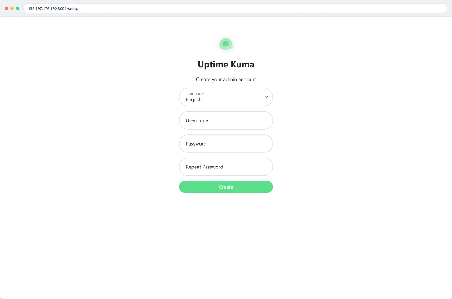 Uptime Kuma's first-run screen at http://138.197.176.190:3001/setup asking to create an admin account, with username and password fields and a green Create button