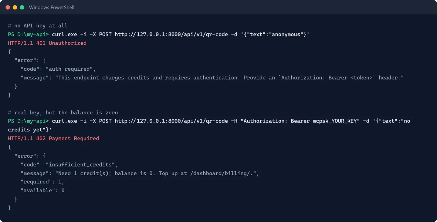 Two curl calls refused: 401 auth_required without a key, then 402 insufficient_credits with a real key and no balance