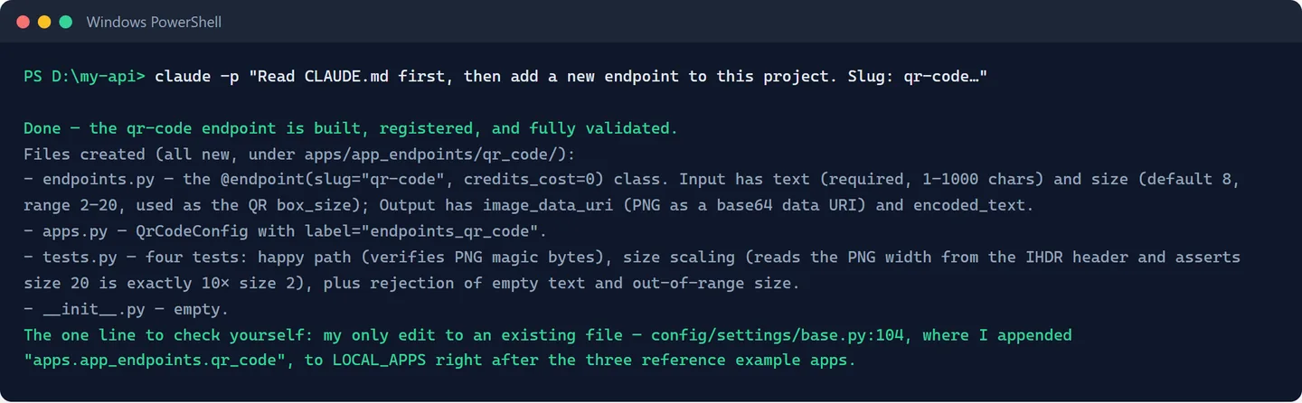 Claude Code reporting the four files it created and the single settings line to check