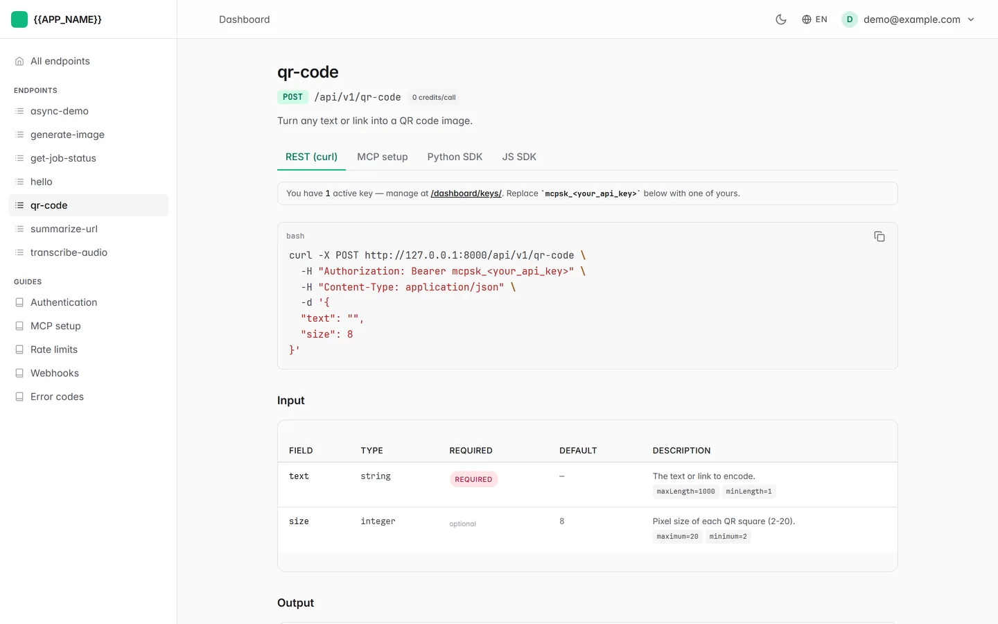 The generated qr-code endpoint page: a POST route, a curl sample, and an Input table listing text and size