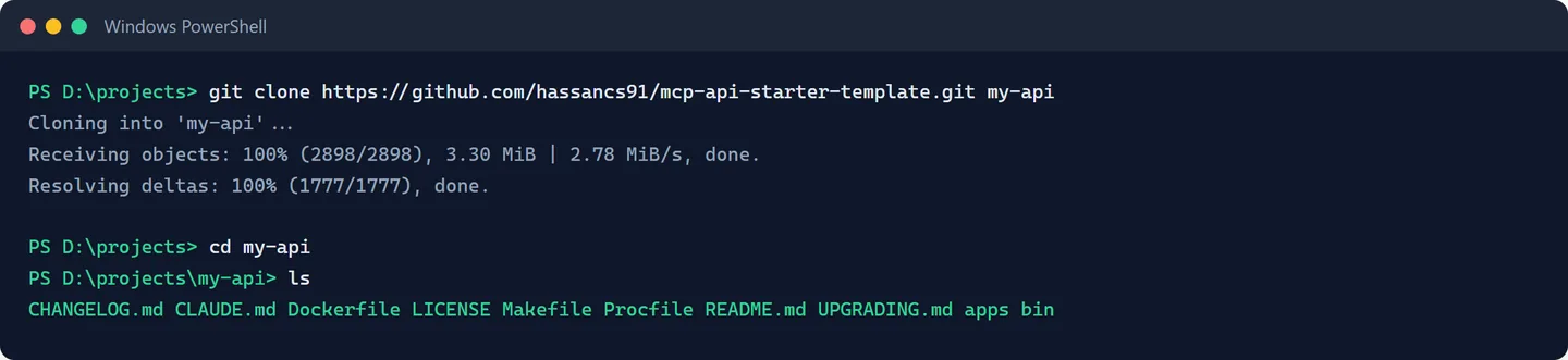 A terminal showing git clone finishing, then the contents of the new my-api folder