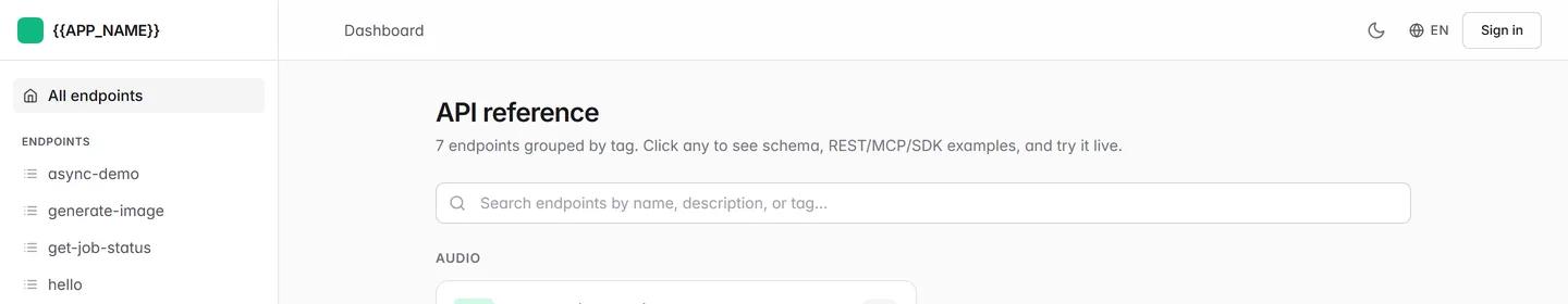 The docs site header showing the literal placeholder APP_NAME as the product name