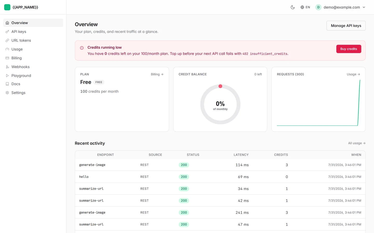 The demo user's dashboard: plan, credit balance, a 30-day request chart, and a recent activity table