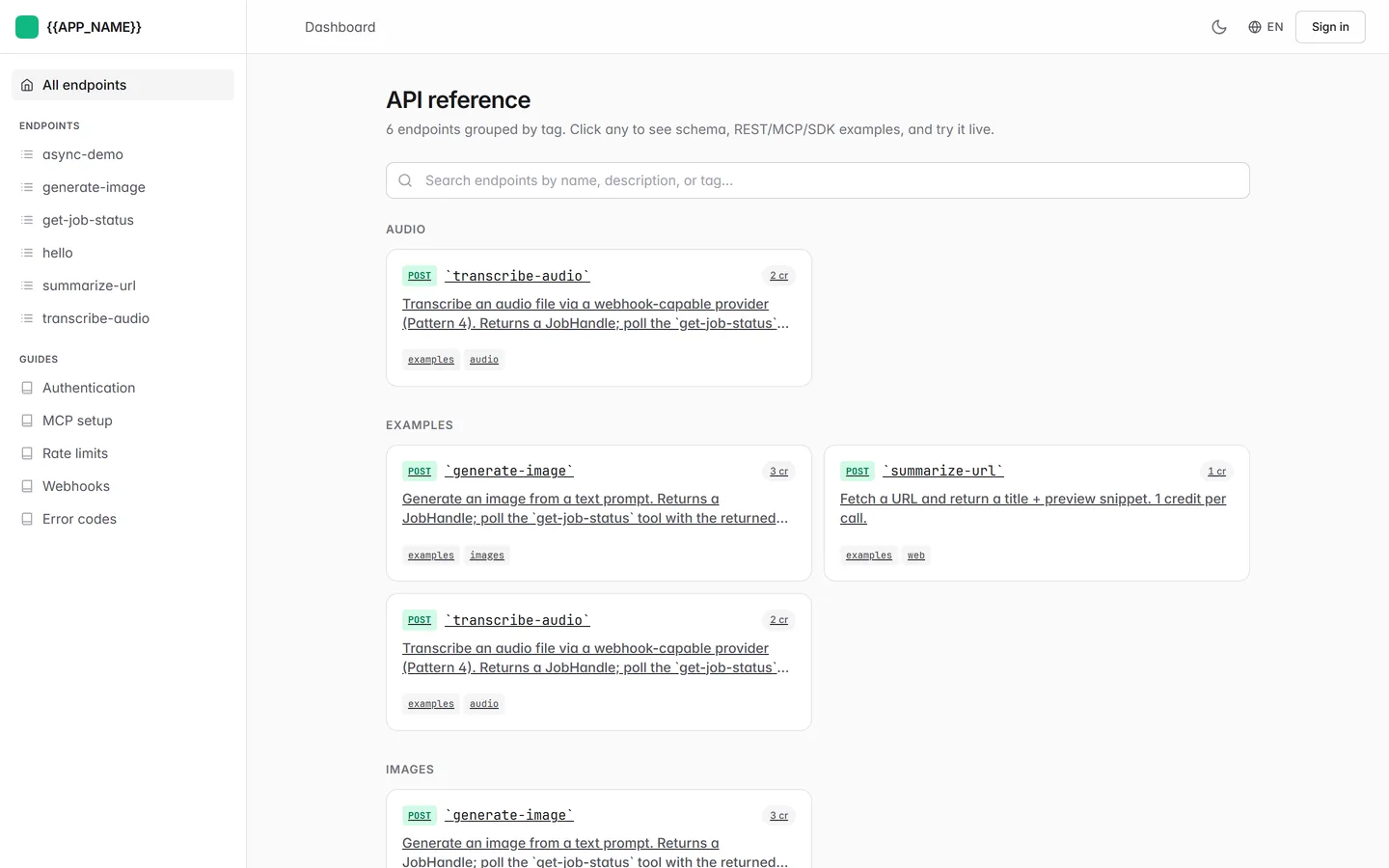 The docs site listing five reference endpoints in a sidebar, with guides for authentication, MCP setup and rate limits