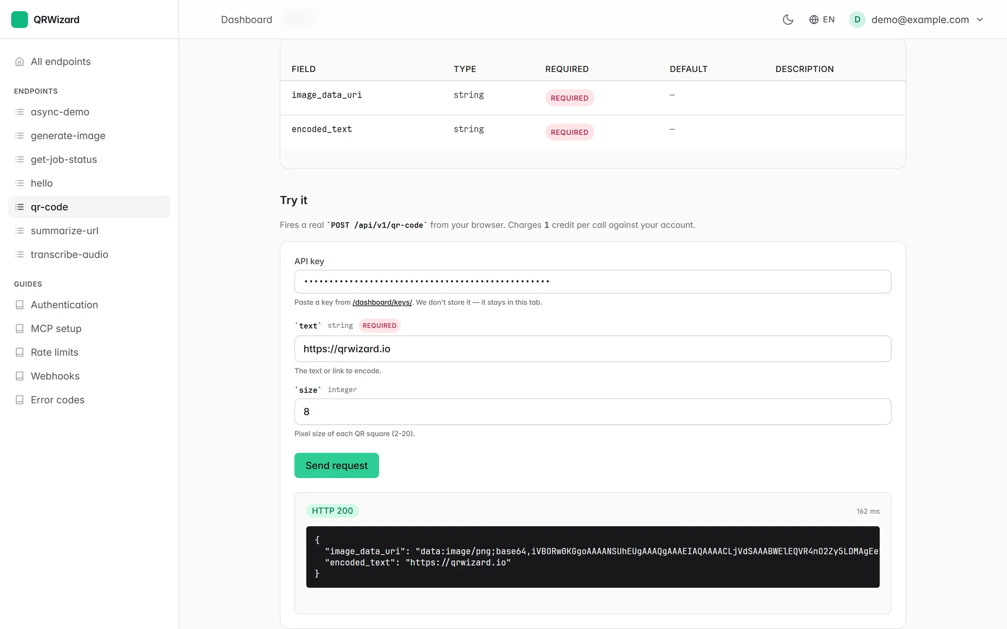 Endpoint page with the Try-it panel showing an HTTP 200 and a PNG data URI