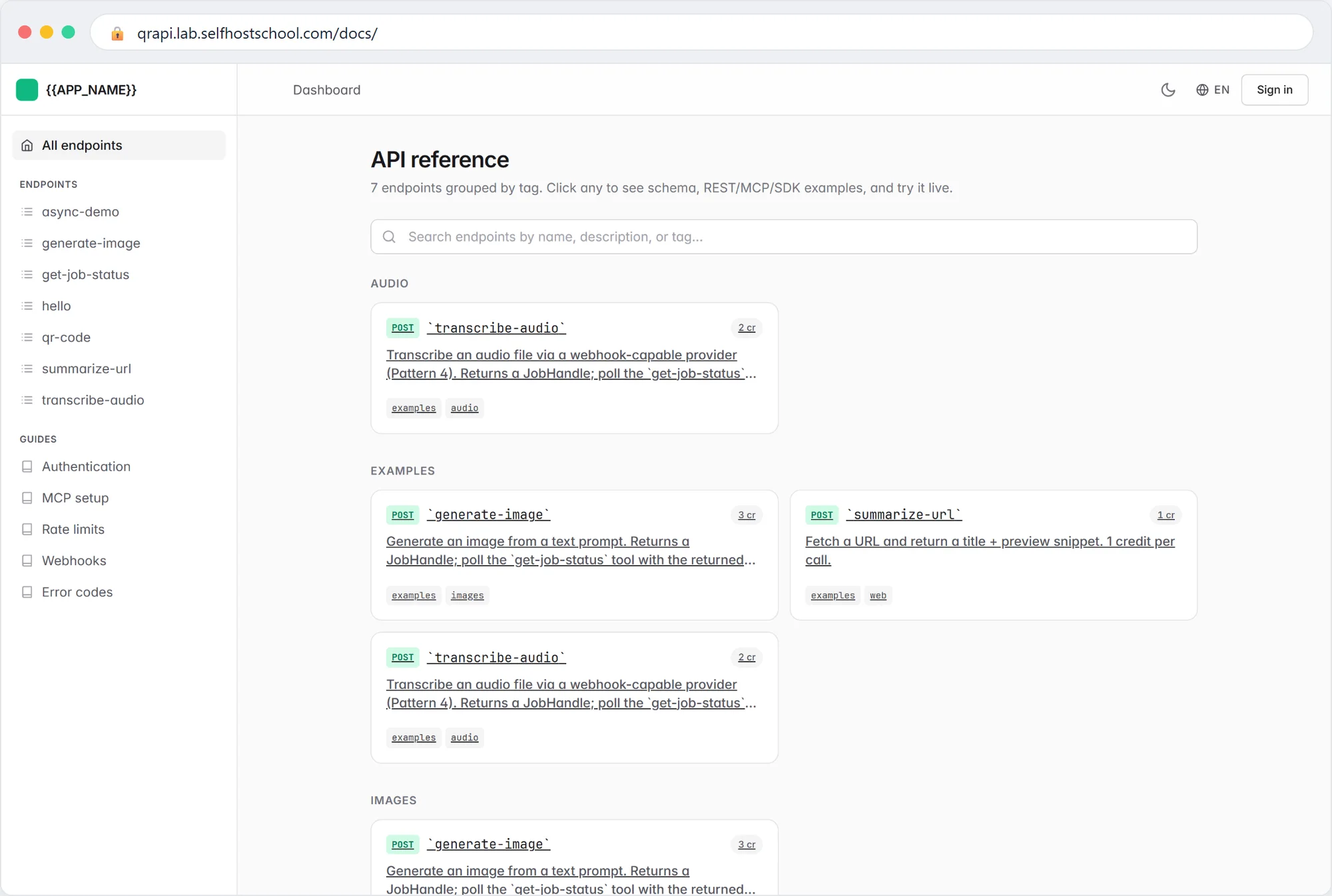 The boilerplate running on a public domain over HTTPS, serving its endpoint catalog