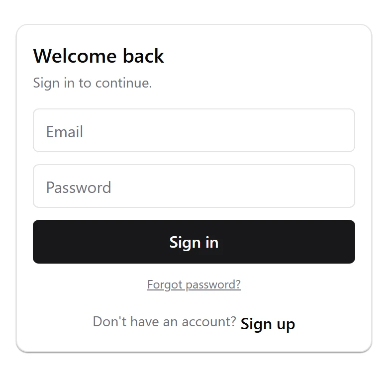 The sign-in screen of the boilerplate running in a browser, with email and password fields, a Sign in button, a Forgot password link and a Sign up link