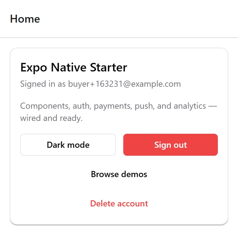 The home screen of the running app, showing the app name, the line Signed in as buyer@example.com, a Dark mode toggle, a Sign out button, and links to browse demos and delete the account