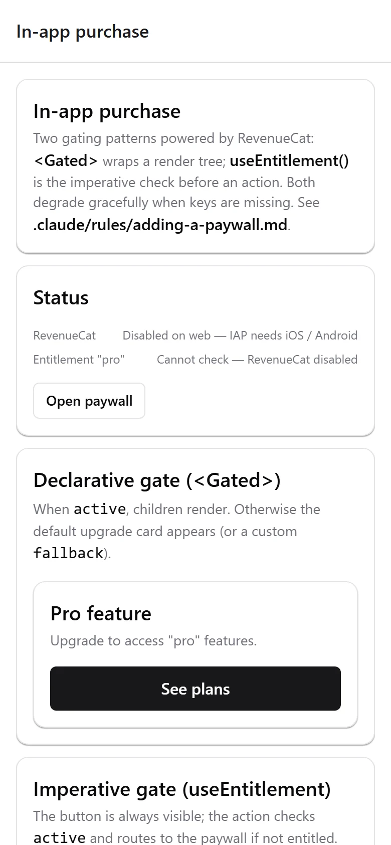The in-app purchase demo screen, showing a status panel reading RevenueCat disabled on web, a declarative Gated example rendering an upgrade card, and an imperative useEntitlement example