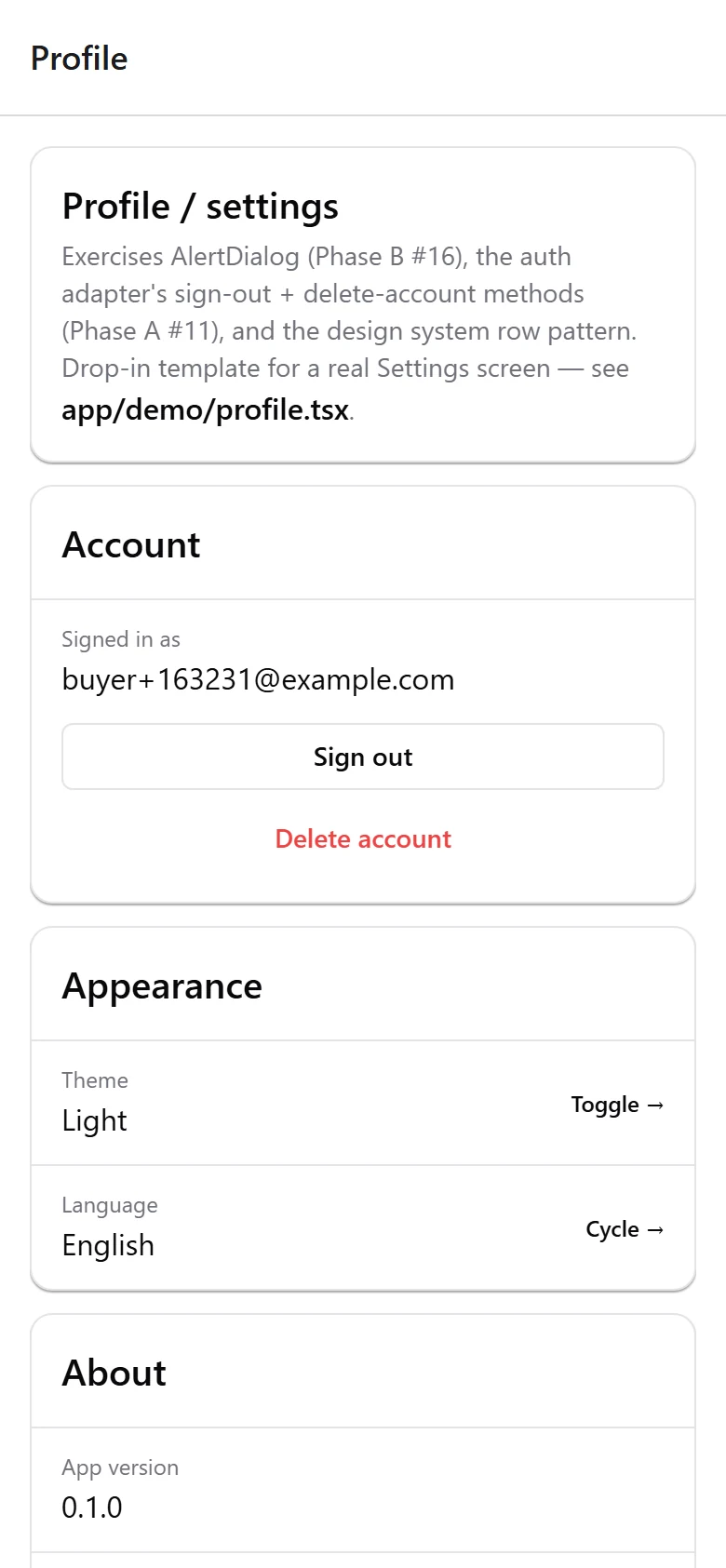 The Profile screen of the running app, showing account details, an appearance section with a theme control, a language control, and account actions